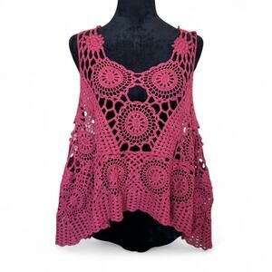 90s Oversized Burgundy Crochet Tank Top – Boho Festival One Size